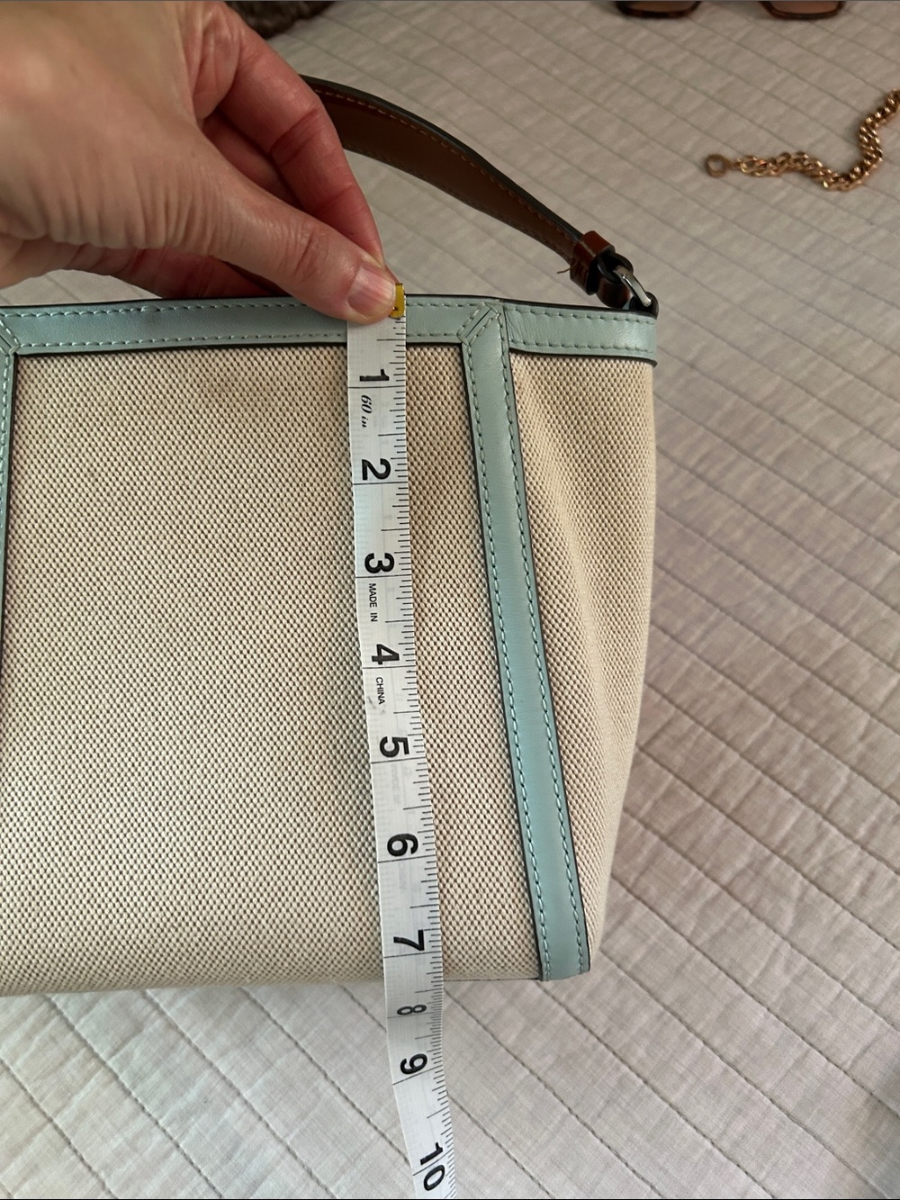 Tory Burch McGraw bucket canvas small tote bag cream blue - Picture 14 of 16